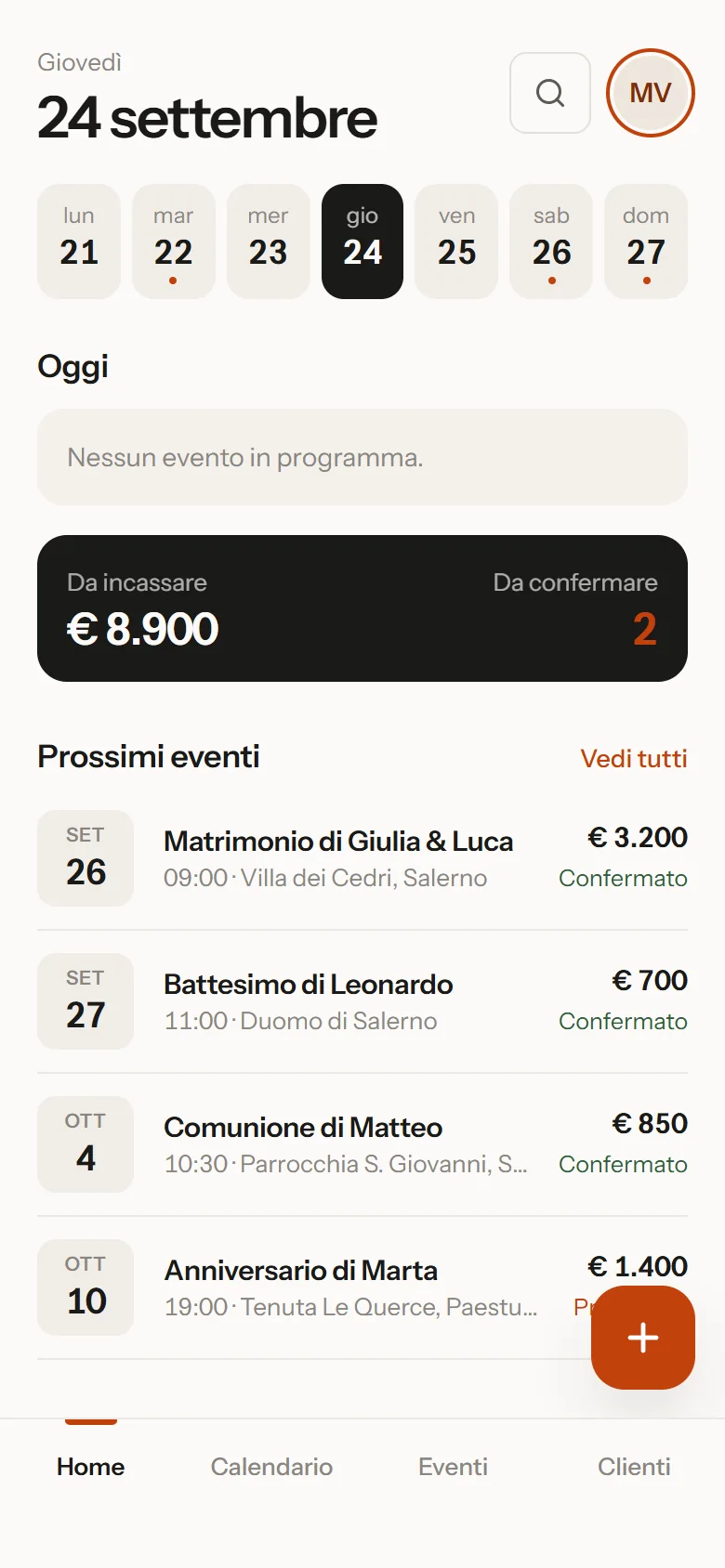 phortable sul telefono: la settimana, gli eventi di oggi e il saldo da incassare.